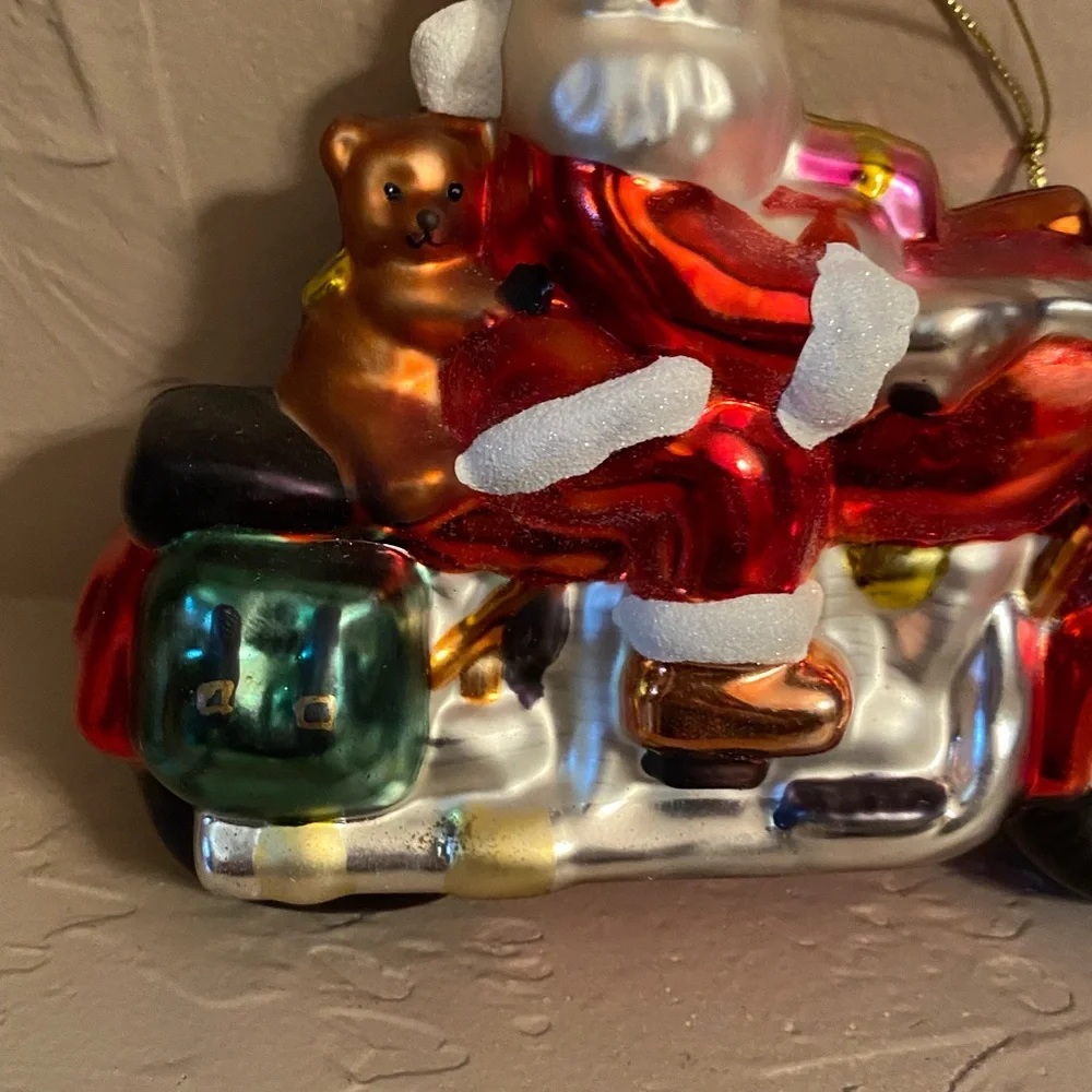 Vtg Glass Santa Motorcycle Christmas Tree Ornament